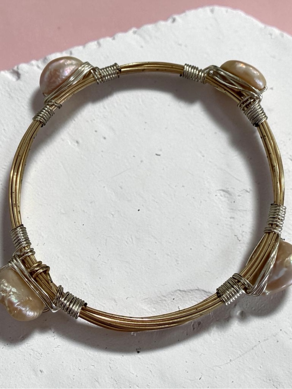 Gold Wire Pearl Accent Bangle Bracelet